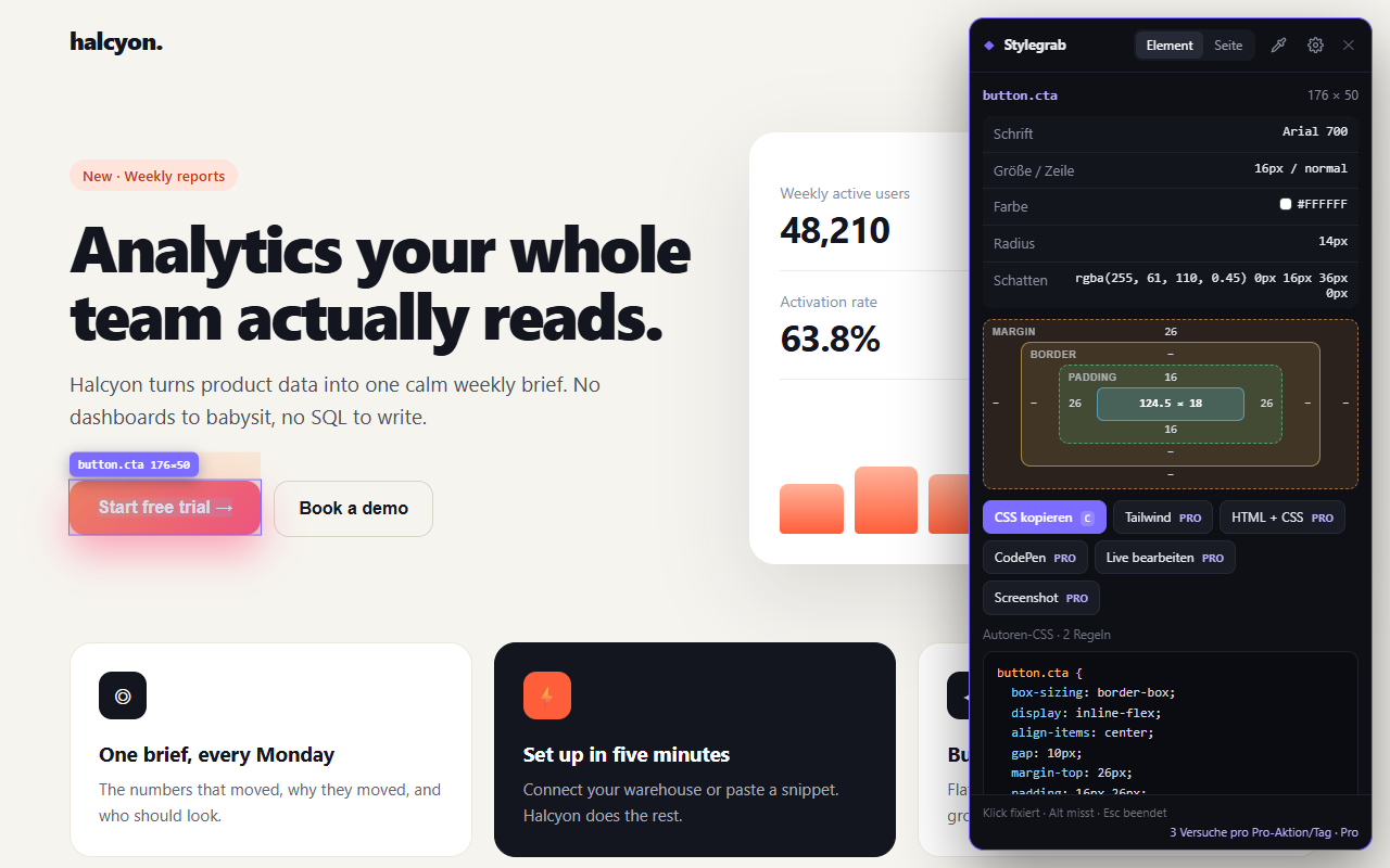 Stylegrab panel in German