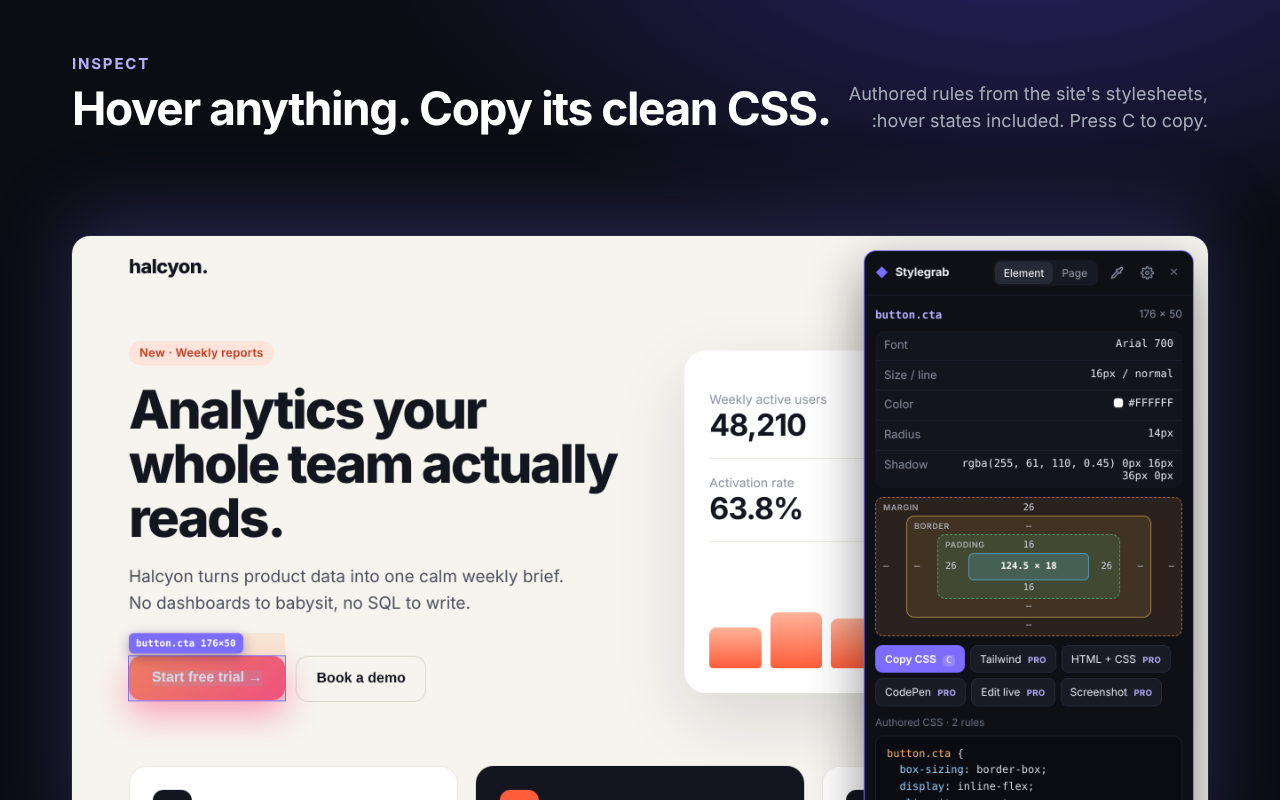 Stylegrab inspecting a button and showing its CSS